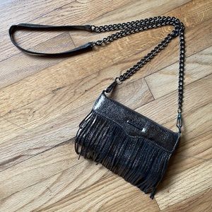 Rebecca Minkoff fringe crossbody bag / wallet in beautiful metallic pewter.